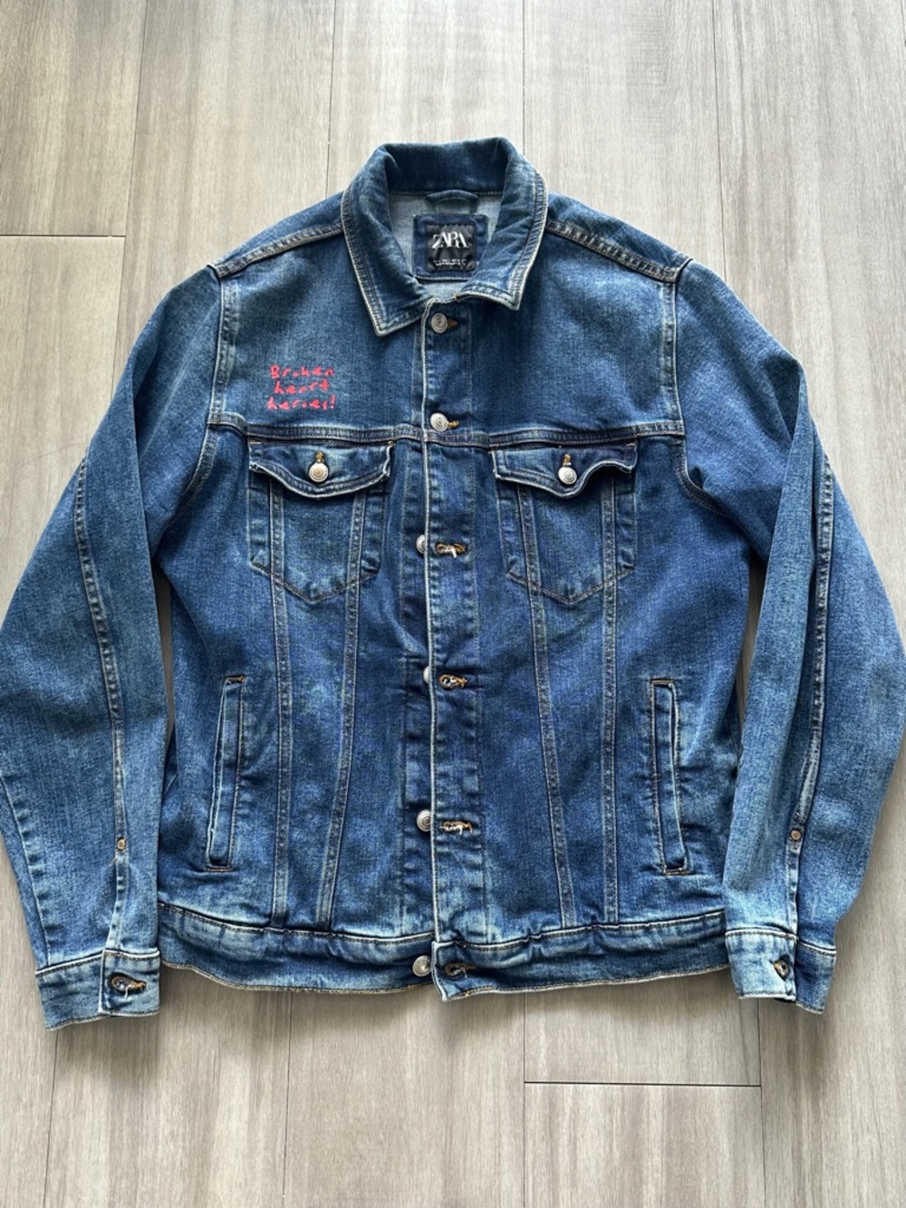 Zara Blue Denim Jacket with Red Heart Graphic and Purple Accent (LARGE) - Picture 10 of 15